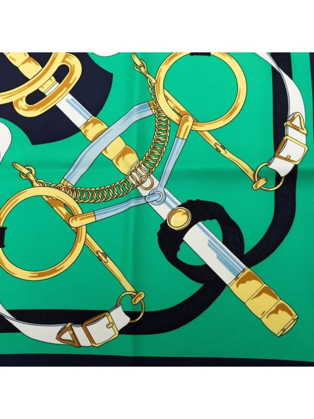 Hermes Carre 90 Apron D'or Yellow Gold Spurs Scarf Green Navy Silk
